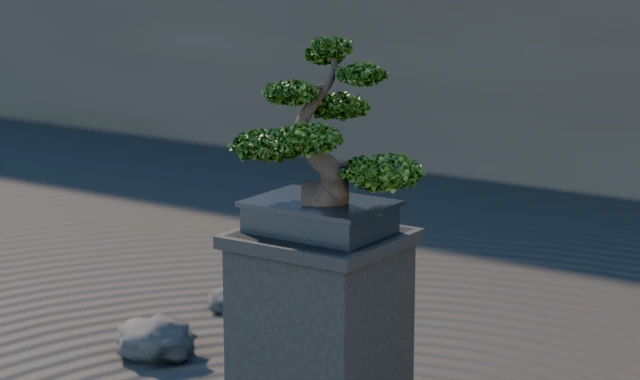 A bonsai on a stone pedestal in a raked gravel garden, lit by a low sun.